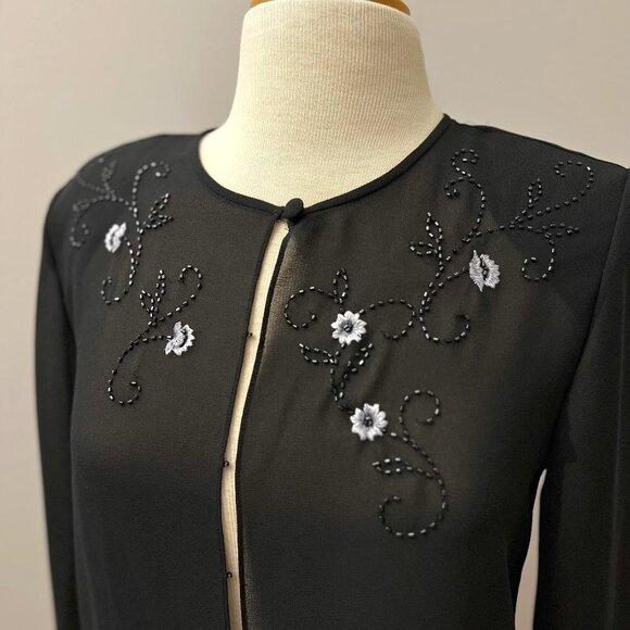 Adrianna Papell Evening Black Sheer Cardigan Blouse Beaded and Embroidered Sz PM - Picture 2 of 12